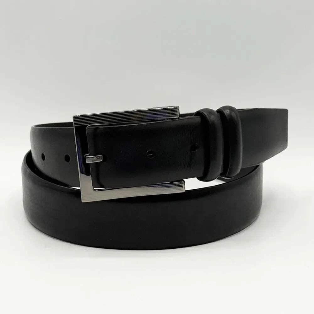 Genuine Leather Black Belt with Chrome Silver Buckle - Men’s US 36